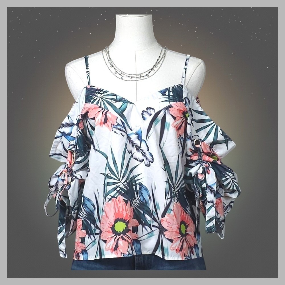 Tropical Cold Shoulder Top S Floral Ruffle Ruched Coastal Resort Vacation
